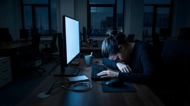 Exhausted woman sleeping at her desk in a dark office at night