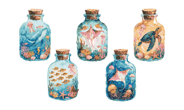 Whimsical Marine Life Bottle Illustration Set.