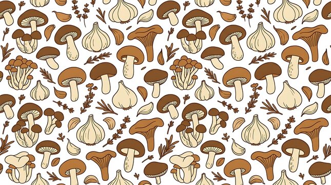 Seamless pattern of hand drawn organic mushrooms garlic and herbs