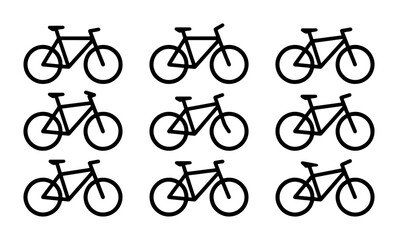 Obraz premium Nine Black Bicycle Icons, Simple Vector Graphics Set for Cycling and Transportation Themes