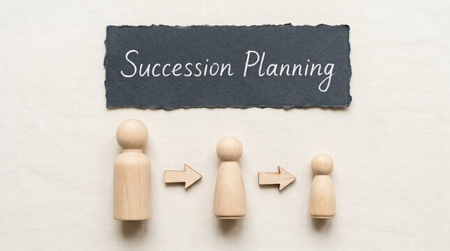 Succession Planning concept with wooden peg figures and arrows, business leadership transition and career growth strategy, corporate talent management