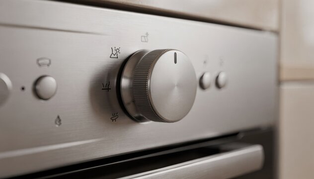 Closeup of a sleek oven control knob with printed icons highlighting precision dials and tactile buttons for easy temperature adjustments in modern kitchens.