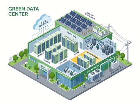 Eco-friendly data center with renewable energy infrastructure. Sustainable server farm powered by solar and wind technology for green computing.