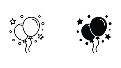 Two balloons with stars icon set featuring outline and solid black graphic for festive party themes © Fahima