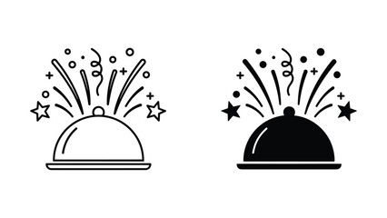 Catering food dome icon set with confetti accents in outline and solid black vector design styles © Fahima