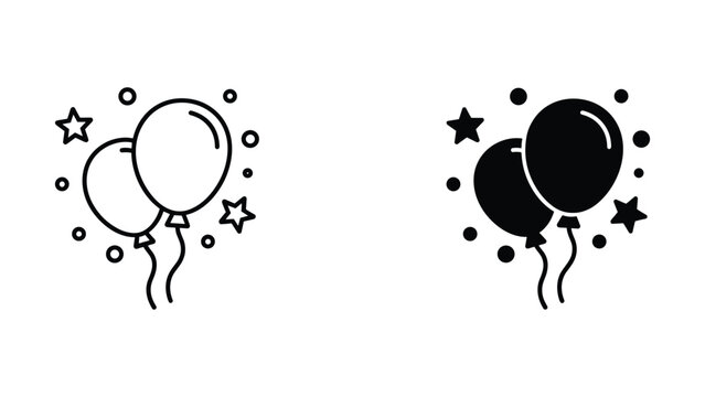Two balloons with stars icon set featuring outline and solid black graphic for festive party themes