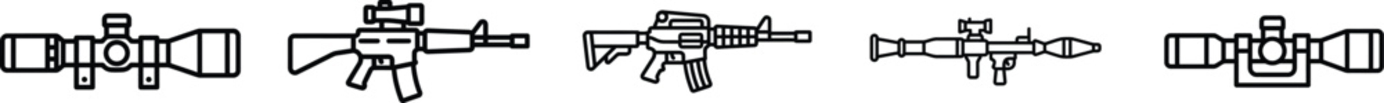 Weaponry line editable icon set tactical firearm rifle carbine sniper launcher arsenal military equipment collection Vector Illustration