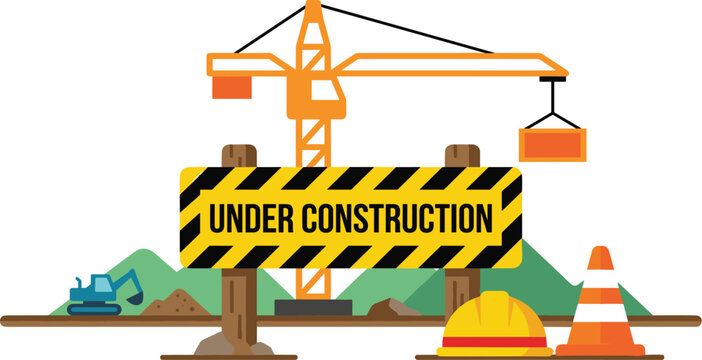 Under Construction Flat Vector Illustration with Tower Crane Safety Helmet Traffic Cone and Warning Sign on White Background
