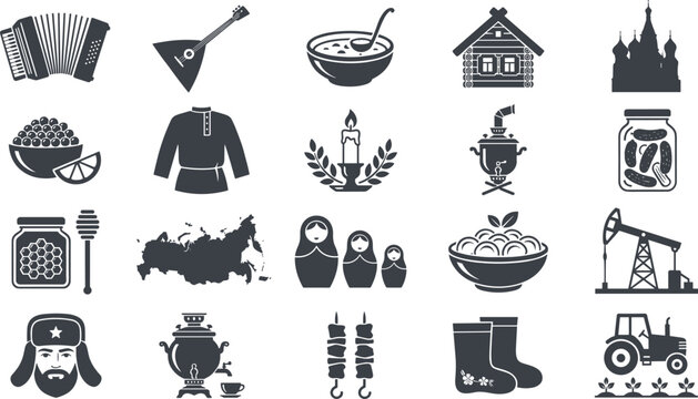Russian Culture and Heritage Glyph Icon Set Featuring Matryoshka Dolls Balalaika Samovar Ushanka Hat Kremlin Map Silhouette and Traditional Food Symbols