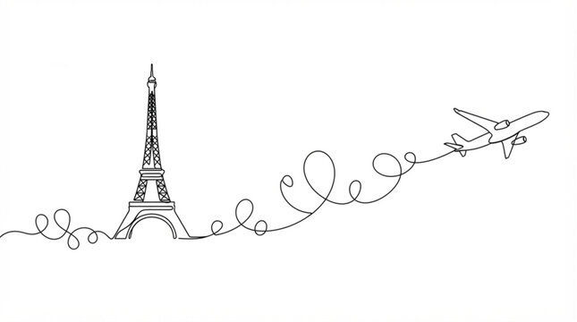  Continuous single line art travel vector illustration with eiffel tower and flying airplane flight path on white background