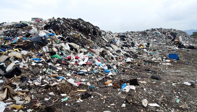 Large piles of rubbish at a landfill site. Massive heaps of waste and garbage in a dump.