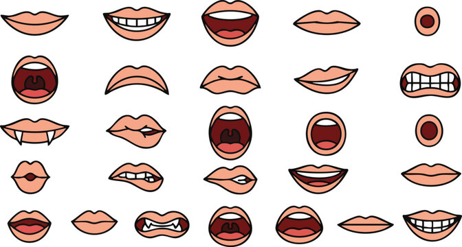 Mouth Set Featuring Various Human Expressions and Lip Shapes for Character Animation