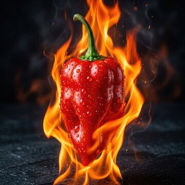 Fresh red chili pepper burning in bright orange flames on black background