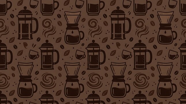 Hand drawn coffee brewer pattern with french press and mugs