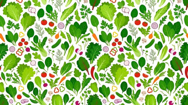 Seamless pattern of fresh green salads and healthy vegetables