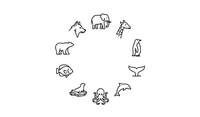 Wild animals and marine life circular line icon set featuring elephant giraffe penguin whale octopus dolphin seal fish polar bear and wolf elements © Mdanowrul