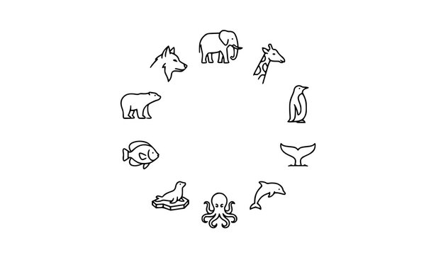 Wild animals and marine life circular line icon set featuring elephant giraffe penguin whale octopus dolphin seal fish polar bear and wolf elements