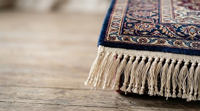 Close up of an oriental rug with white tassels on a wooden floor