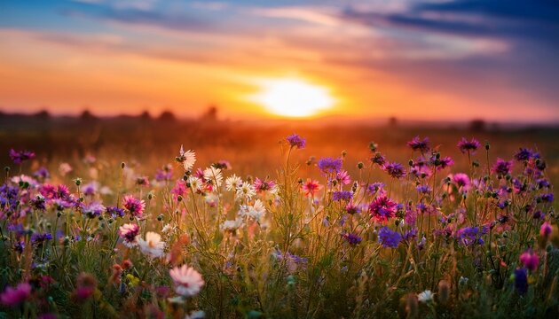 Field Of Flowers On Beautiful Sunset Background In Colorful Tones Soft Focus And Blur