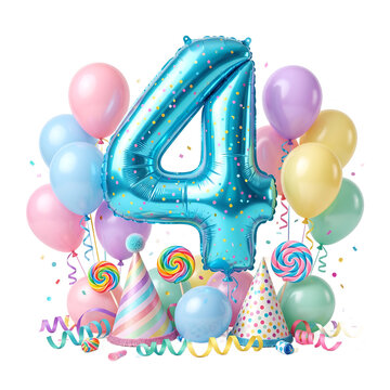Number four celebration with balloons and confetti isolated on white background