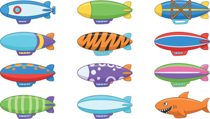 Colorful Airship Vector Set with Blimp, Zeppelin, Cartoon Balloon and Shark Design Aircraft Collection Illustration for Sky Design © Mifta