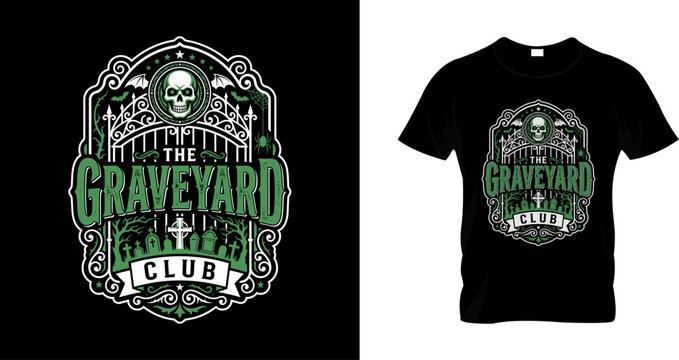 Vintage graveyard club t shirt design with skull and cemetery illustration for halloween apparel