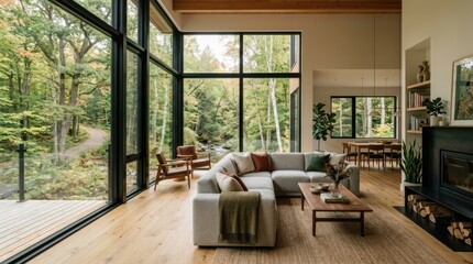 Fototapeta premium A modern, wooden interior with large glass windows overlooking a forest.