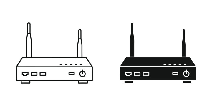 Wireless internet router set, network hardware device with antennas in minimalist line and solid black style