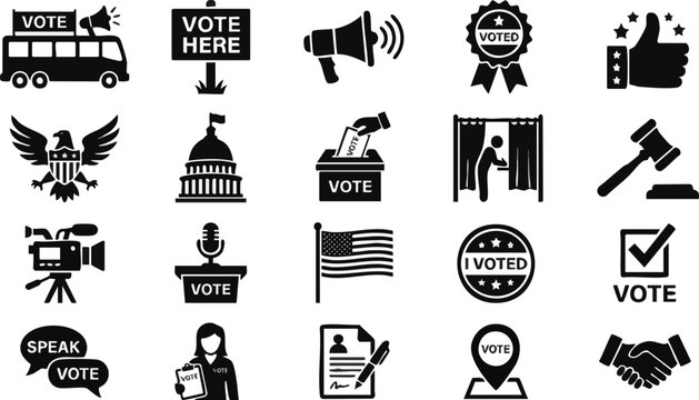 Voting Icons Set Featuring Democratic Election Symbols for Political Campaigns and Public Opinion