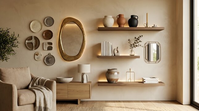 Modern wall featuring organic-shaped gold-rimmed mirror, collection of small ceramic plates, and three floating wooden shelves with curated decorative pottery and books.