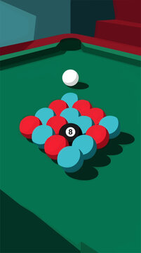 Pool Table with Rack of Red and Blue Balls, Centered Black 8 Ball, White Cue Ball Above, Flat Green Surface with Shadows, Vector Illustration
