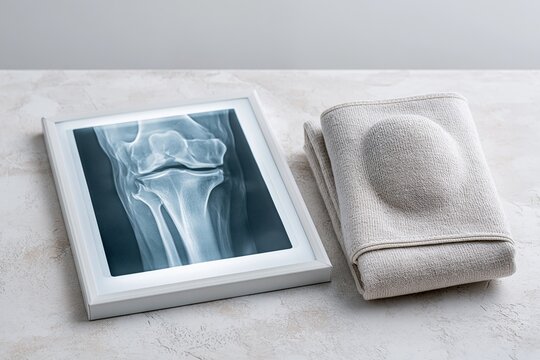 Framed knee radiograph on offwhite surface beside folded towel in minimal medical flat lay composition with soft natural light and clean clinical styling, with knee, radiograph, xray, medical detail