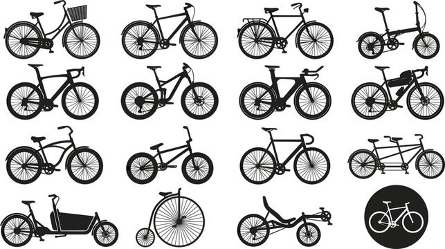 Bicycle Silhouette Type Icon Set Featuring Road Bike Mountain Bike Cargo Tandem Folding Cruiser BMX and Vintage Penny Farthing Vector Illustrations