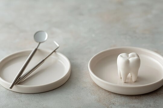 Top-down flat lay of stainless steel dental mirror and tweezers beside extracted tooth on off-white ceramic dishes over neutral textured surface, with dental, tooth, mirror, tweezer detail