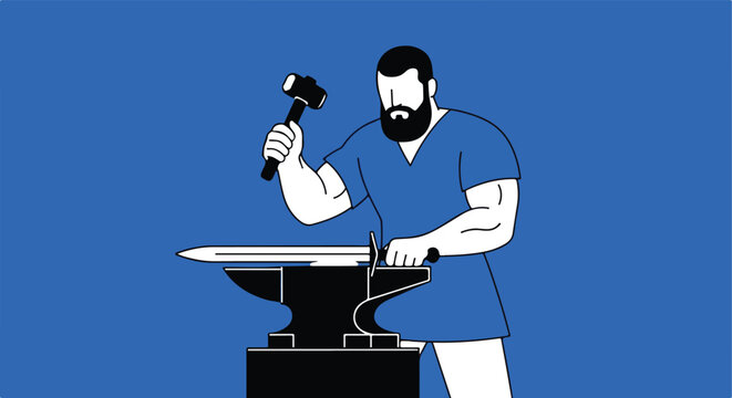 A blacksmith forges a sword on an anvil with a hammer in a workshop