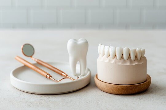 Top down flat lay of dental practice props on off white surface with realistic tooth model, jaw arch, mirror, explorer, and ceramic tray arranged for clinic education and presentation