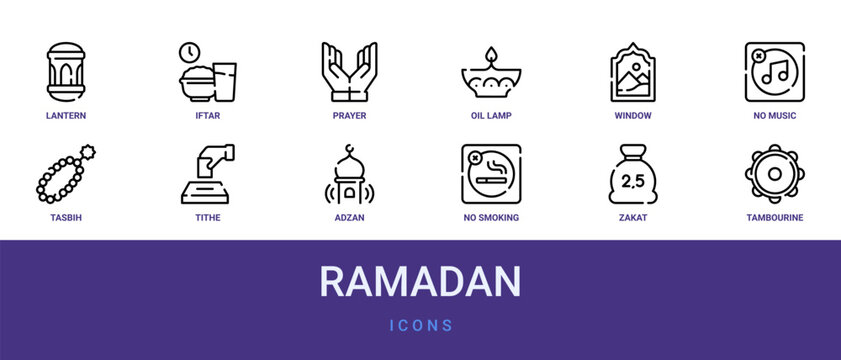 Set of 12 outline web Ramadan icons such as tambourine, zakat, no smoking, adzan, tithe, tasbih, no music vector icons for report, presentation, diagram, web design, mobile app