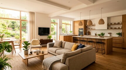 Fototapeta premium A modern, well-lit living room with wooden floors and large windows.