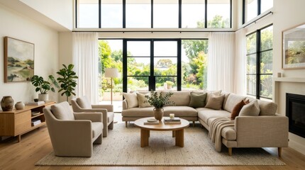 Obraz premium A modern living room with large windows showcasing a serene outdoor view.