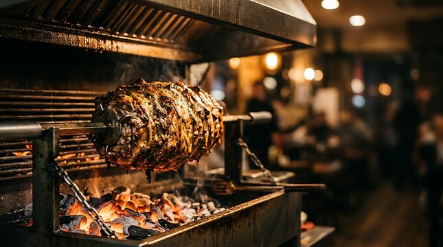 Meat roasting on a rotisserie over glowing charcoal in a restaurant