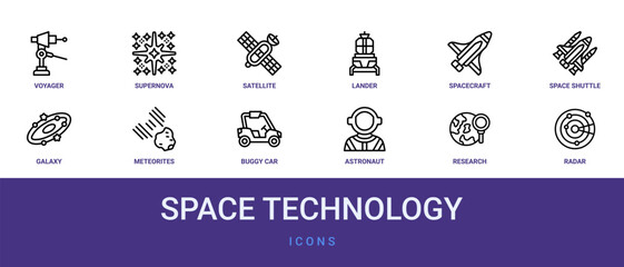 Set of 12 outline web Space Technology icons such as radar, research, astronaut, buggy car, meteorites, galaxy, space shuttle vector icons for report, presentation, diagram, web design, mobile app © Izzat