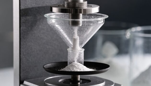 Closeup of a precision screw feeder adjusting microdosed powder flow on a digital balance for pharmaceutical formulation accuracy.