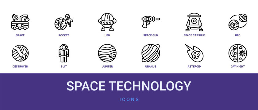 Set of 12 outline web Space Technology icons such as day and night, Asteroid, uranus, jupiter, suit, destroyed, ufo vector icons for report, presentation, diagram, web design, mobile app