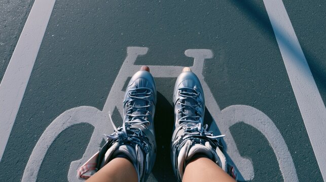 Top-down view of legs wearing modern inline roller skates on clean asphalt with a bike lane. Bright summer daylight, subtle shadows, and a minimalist composition highlight an active lifestyle.