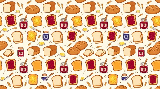 Seamless pattern with bread toast jam and butter breakfast theme