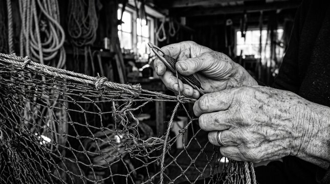 Aged hands meticulously mending a fishing net.