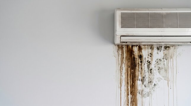 Leaking wall mounted air conditioner with dirty water stains running down a white wall. Faulty HVAC system, condensation leak, poor maintenance, and appliance service. Copy space