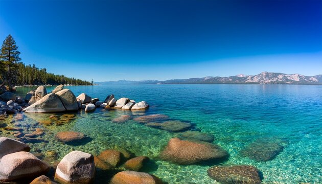 Usa Nevada Washoe County Lake Tahoe Granite Boulders Under The Clear Blue To Emerald Waters Along The Eastern Shore