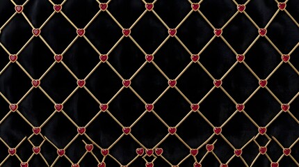 Obraz premium Elegant black and gold diamond pattern with ruby red heart accents