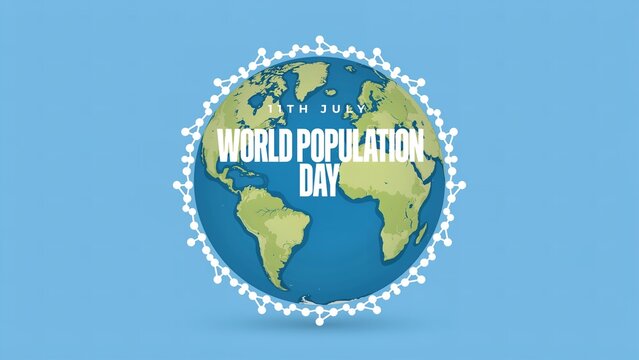 World Population Day 11th July celebration with Earth human unity ring and blue background highlighting awareness and sustainability